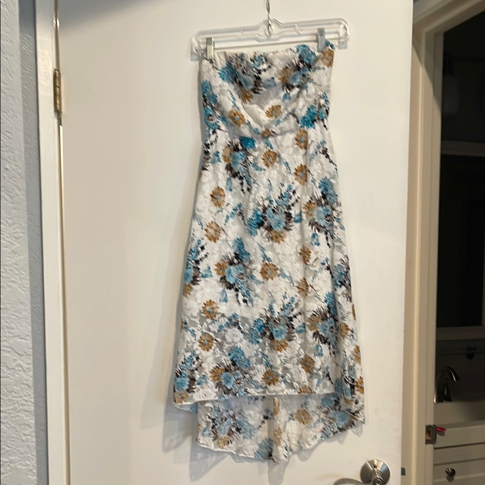 Floral Strapless Dress - Blue, Brown, and White